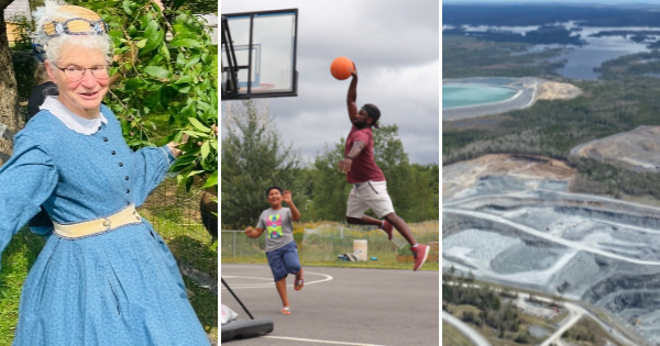 Three photos: A white senior lady in a blue Victorian style dress; two young Black boys play basketball outdoors; an open pit gold mine seen from the sky