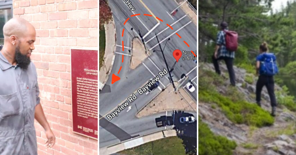 三张照片:一个黑人看着墙上的一块红色牌匾。汽车发生危险转弯的路线会在地图上标出。两个人在小溪边的森林里徒步旅行