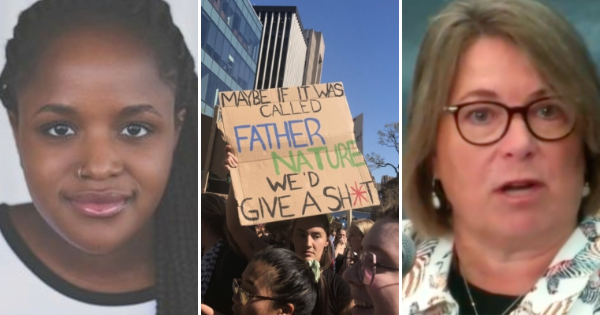 三张照片:一个留着长辫子的年轻黑人女性，一个抗议气候危机的人，一个戴眼镜的白人中年女性