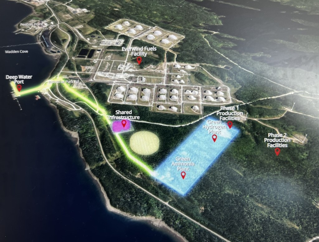 Point Tupper站点的鸟瞰图显示了EverWind项目一期和二期设施的效果图(想象由3D Wave贡献)