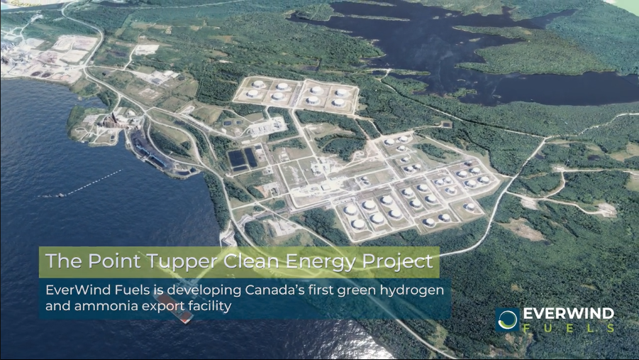 这张图片来自EverWind燃料网站上的一段视频，展示了塔珀点的塔珀点存储终端的鸟瞰图，上面写着“塔珀点清洁能源项目”。