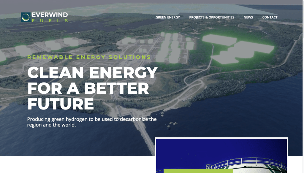 EverWind燃料网站展示了塔珀角的鸟瞰图，后面写着“清洁能源，更美好的未来”。