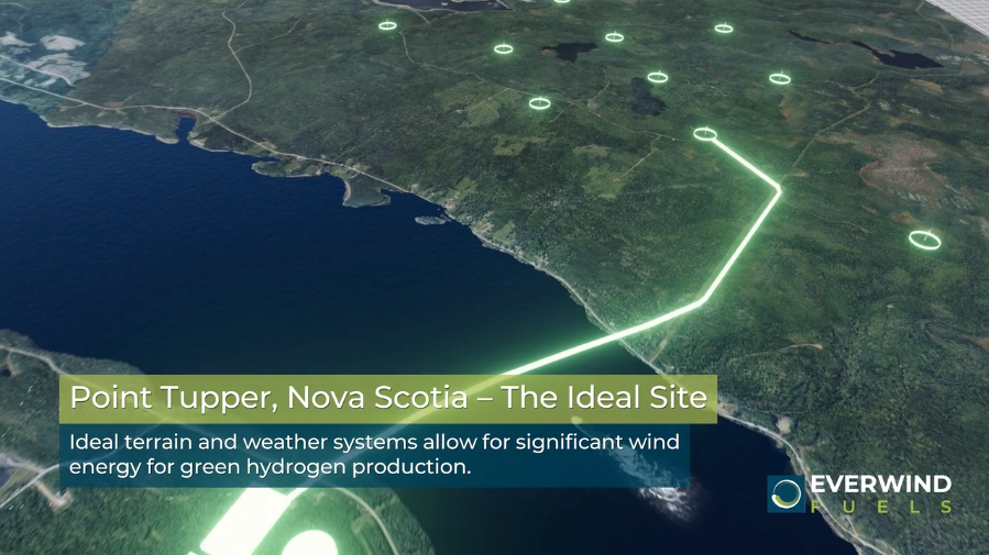 这张图片来自EverWind燃料公司网站上的一段视频，展示了一条穿过坎索海峡到达大陆的绿色照明线，下面写着:“新斯科舍塔珀角——理想的地点。”