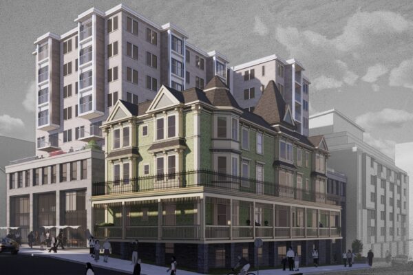 一幅建筑效果图显示，一座维多利亚式老公寓大楼的后面耸立着一座现代建筑。