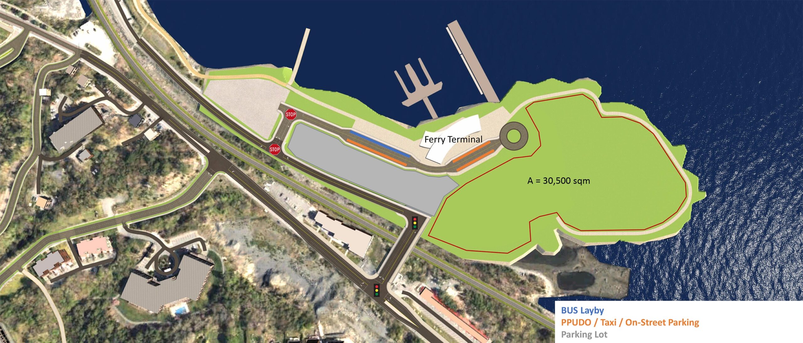 一张添加了插图的地图显示了水面上的一个区域，有一个渡轮码头用白色标注，还有一条连接的道路。