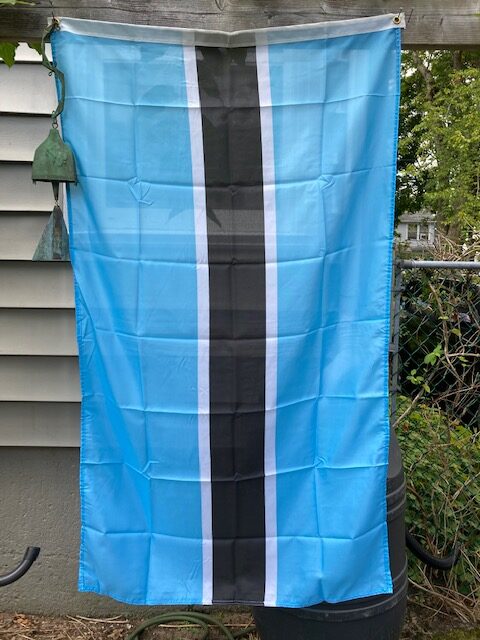 院子里挂着一面旗帜，两边各有一条亮蓝色的条纹，两边各有一条黑色的条纹。