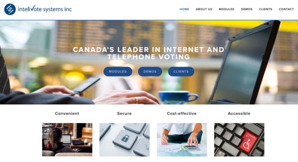 一张截图显示了一个网站。在页面的顶部，写着“intelivote系统公司”。下面是“加拿大互联网和电话投票的领导者”。顶部有菜单。