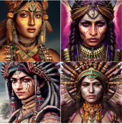 截图显示了四张人工智能生成的图片，戴着头饰的女性似乎与传统土著文化有关。