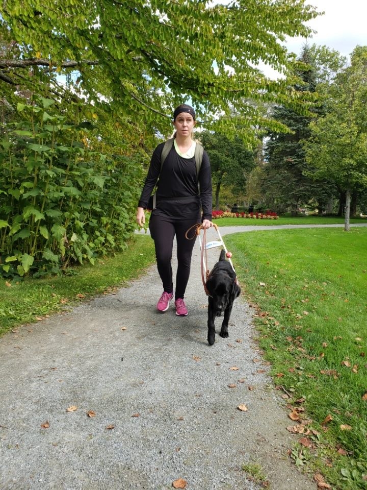 一名身穿黑色上衣、黑色裤子、黑色头巾、粉色运动鞋的女子，带着一只系着挽具的黑色拉布拉多犬，走在一条砾石小路上。