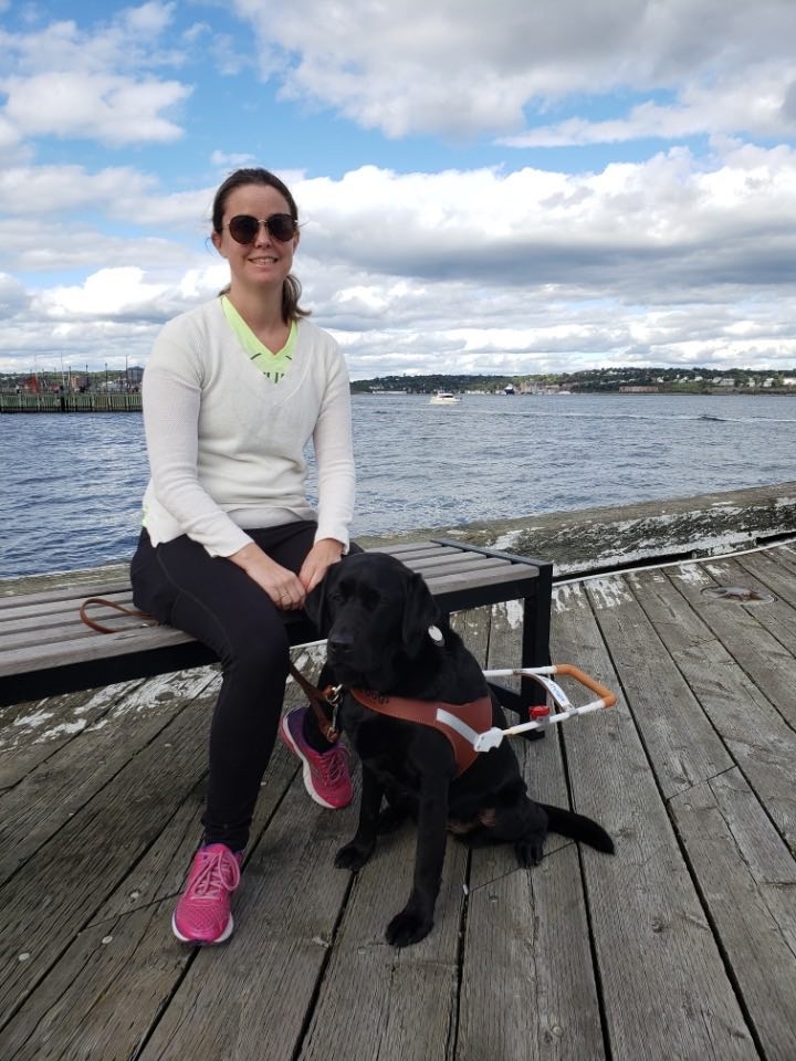 一名身穿白色上衣、黑色裤子和粉色运动鞋的女子坐在水边的长凳上。在她的前面坐着一只黑色拉布拉多导盲犬，戴着挽具。