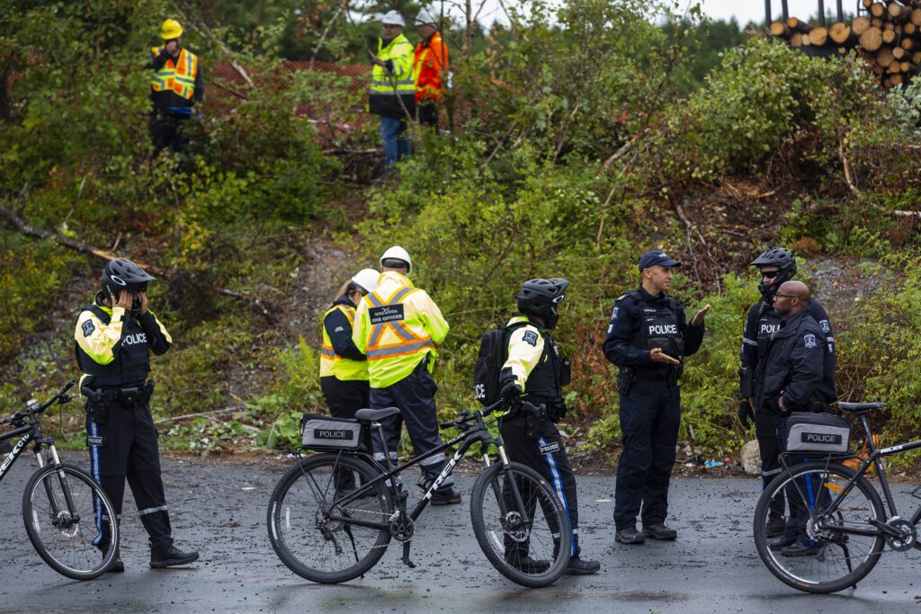 骑着自行车的警察站在树林前的道路上。他们身后是建筑工人和省级安全工人。他们身后有一辆卡车，上面装着许多木头。