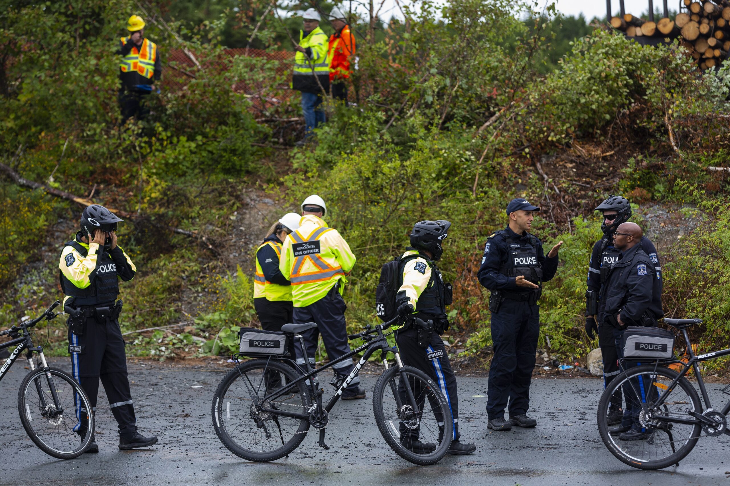 警察骑着自行车站在树林前的马路上。他们背后是建筑和省级安全工人。他们后面的卡车上有很多原木。