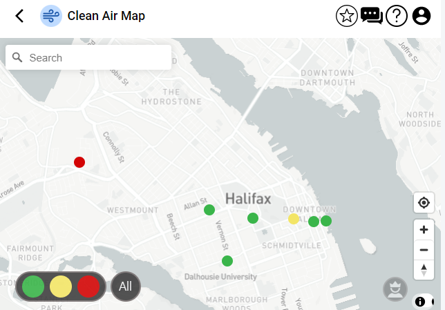 哈利法克斯半岛地图，上面有绿色，红色和黄色的圆点。地图的顶部写着“清洁空气地图”