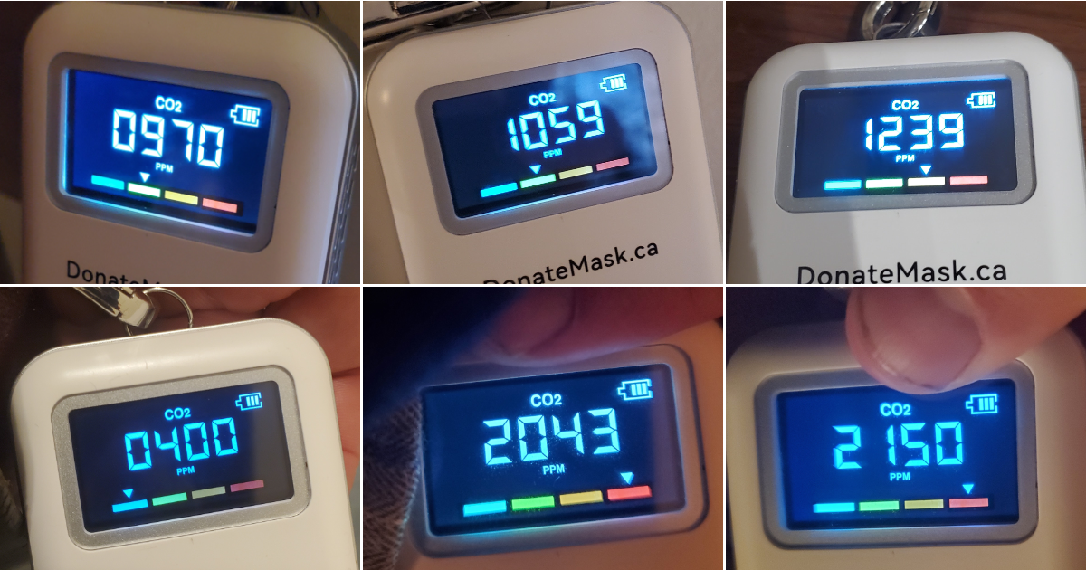 一个二氧化碳监测器的6张图像的蒙太奇，读数从400到2150。