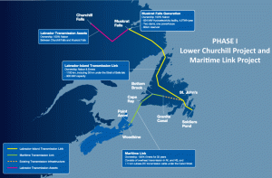 这张地图显示了连接马斯克拉特瀑布和新斯科舍省的各种传输部件。